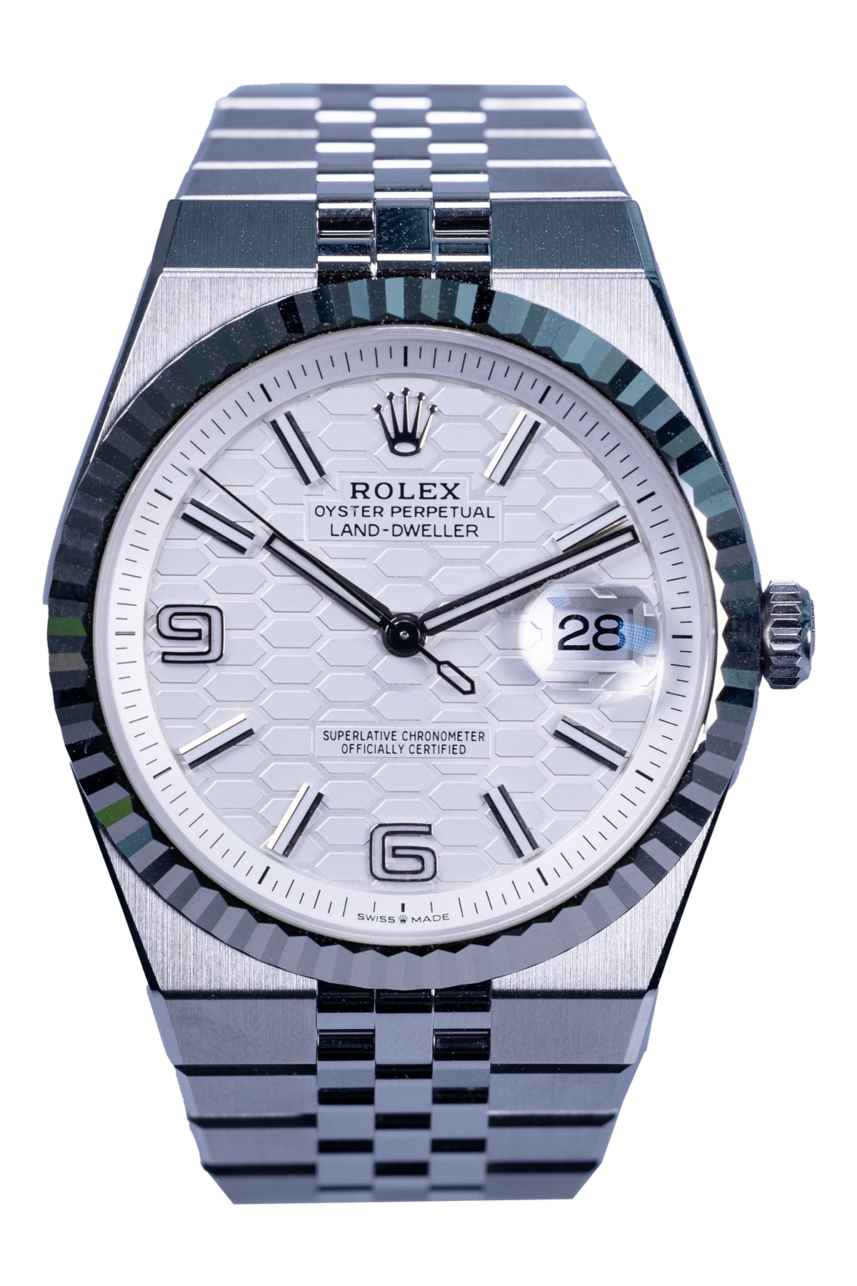 Rolex Land-Dweller Ref. 127334 — weißes Zifferblatt, Stahlgehäuse, neu und ungetragen (1 / 4)