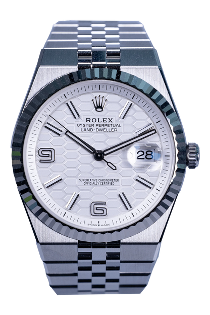 Rolex Land-Dweller Ref. 127334 — weißes Zifferblatt, Stahlgehäuse, neu und ungetragen Rolex Land-Dweller Ref. 127334