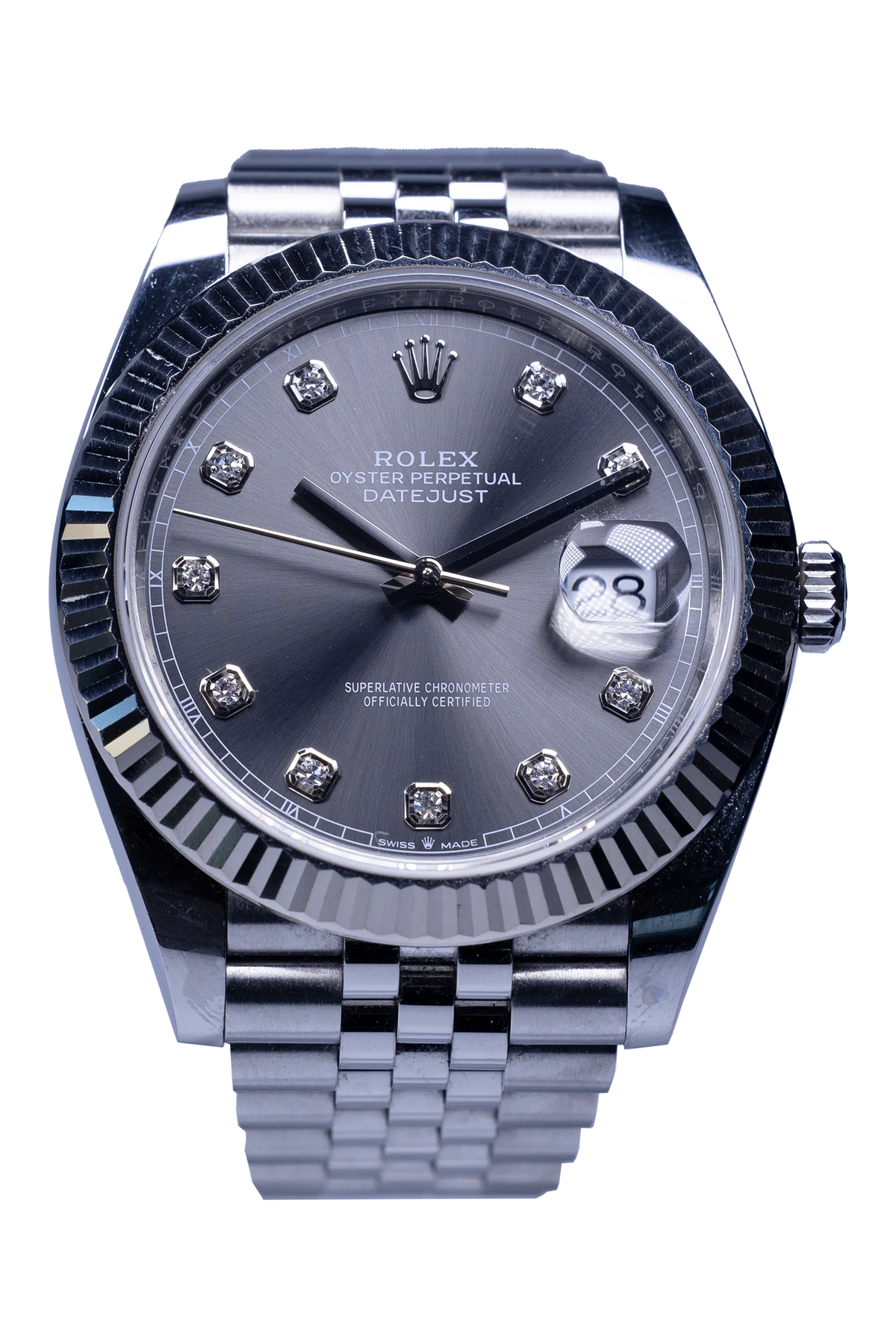Rolex Datejust 41 Ref. 126334 — Rhodium-Diamantzifferblatt, Stahlgehäuse mit Weißgold-Riffellünette (1 / 4)