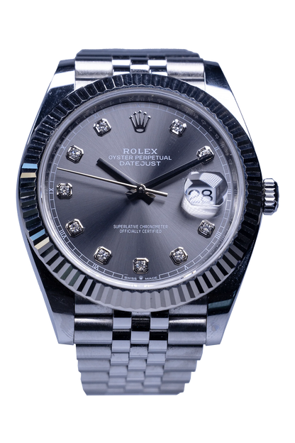 Rolex Datejust 41 Ref. 126334 — Rhodium-Diamantzifferblatt, Stahlgehäuse mit Weißgold-Riffellünette Rolex Datejust 41 Ref. 126334