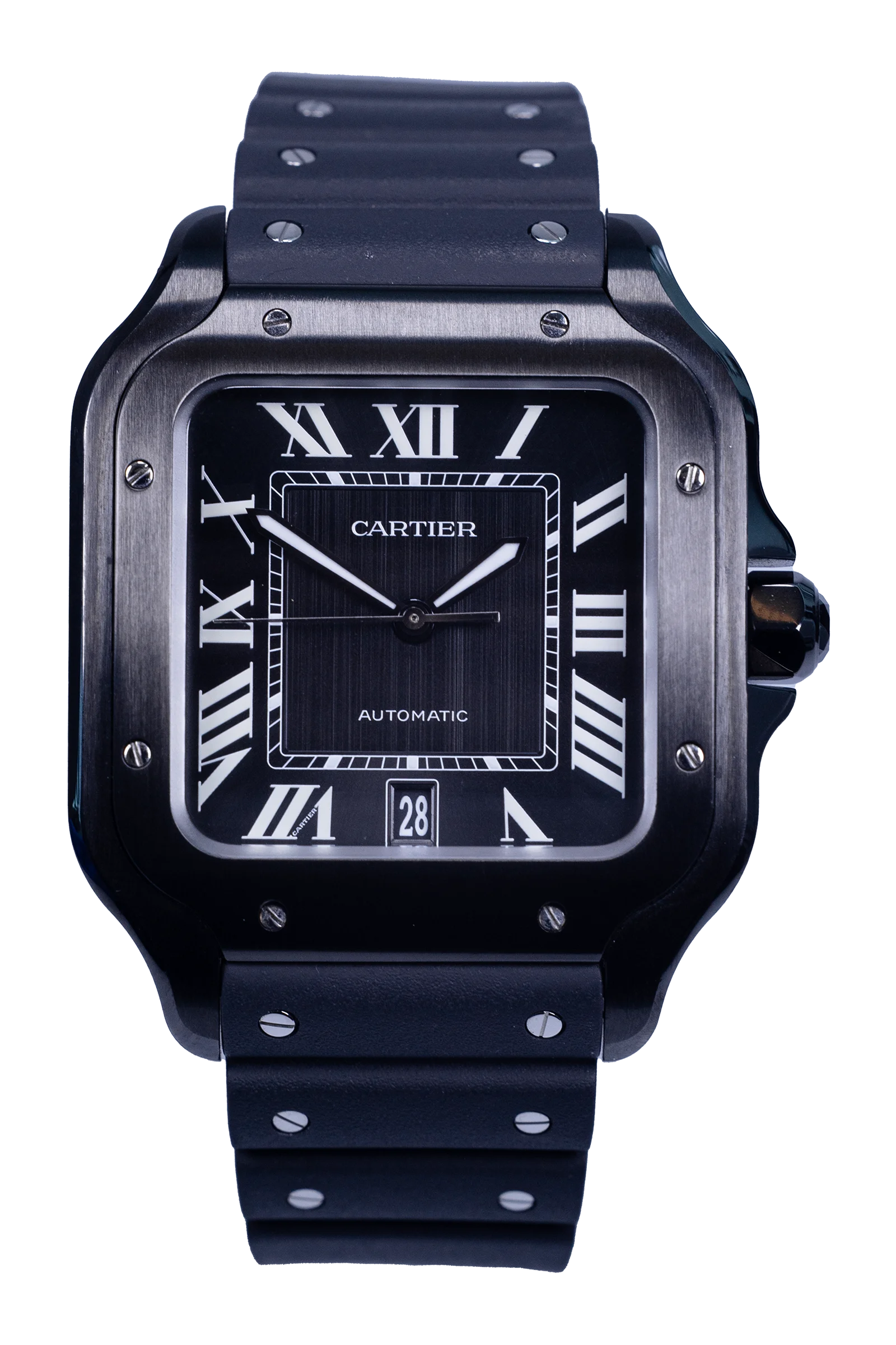 Cartier Santos de Cartier WSSA0039 — schwarzes Zifferblatt, Stahlgehäuse, Kautschukband
