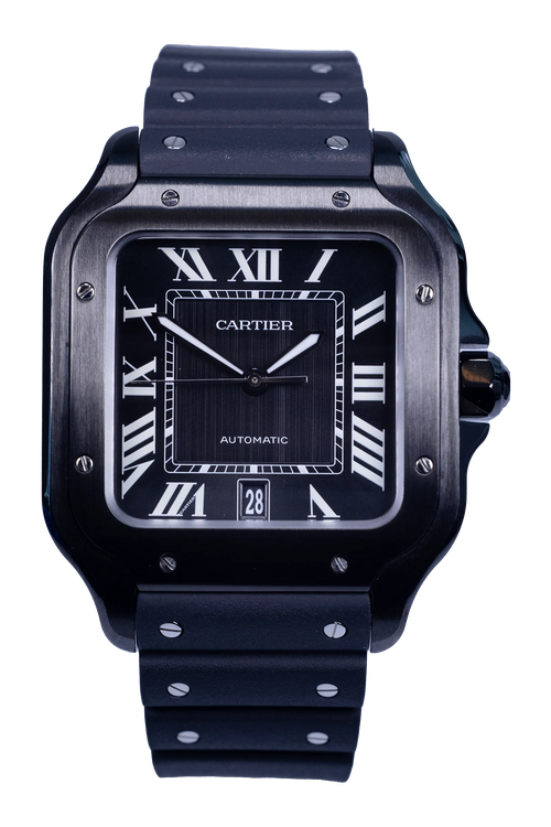Cartier Santos de Cartier WSSA0039 — schwarzes Zifferblatt, Stahlgehäuse, Kautschukband
