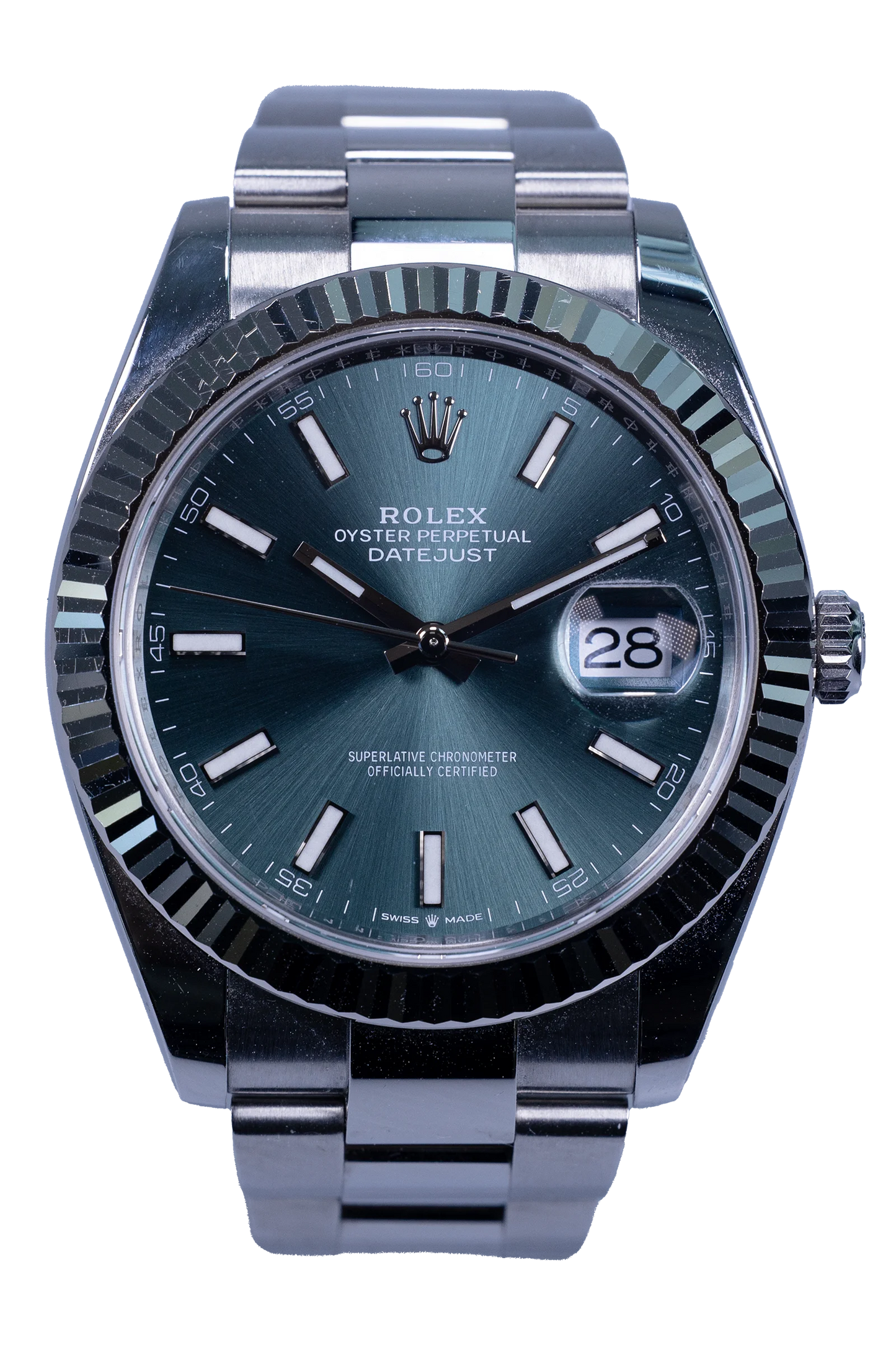 Rolex Datejust 41 Ref. 126334 – grünes Zifferblatt, Stahlgehäuse mit Weißgold-Riffellünette