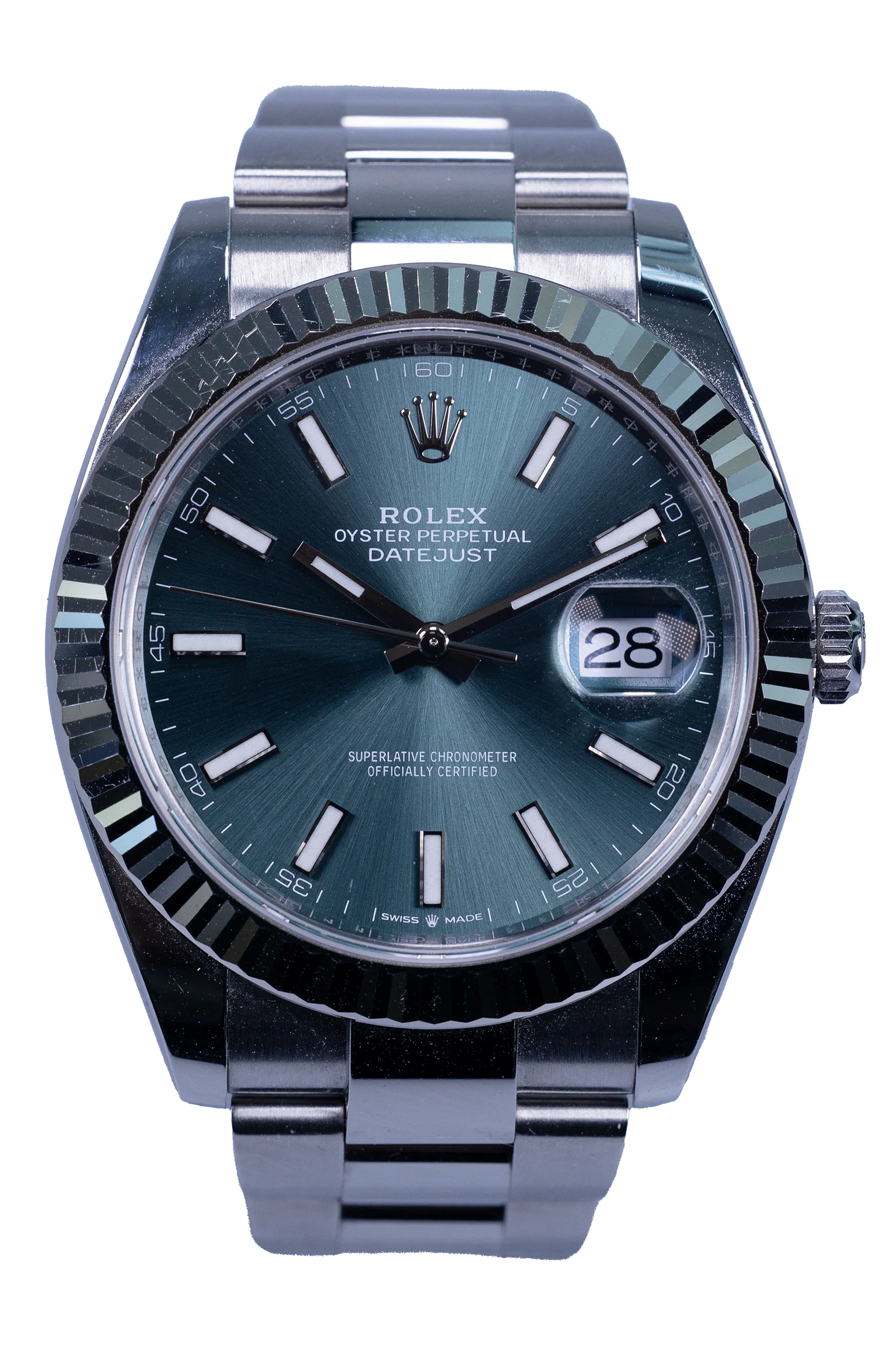 Rolex Datejust 41 Ref. 126334 – grünes Zifferblatt, Stahlgehäuse mit Weißgold-Riffellünette