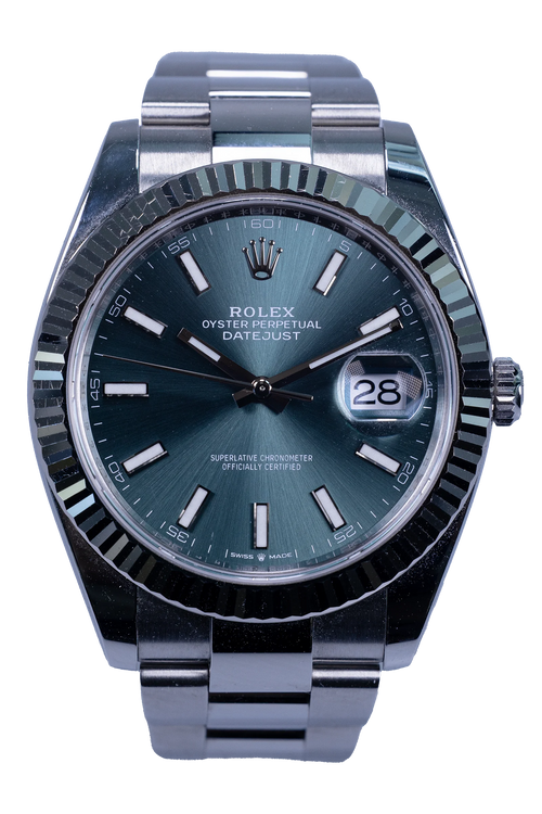 Rolex Datejust 41 Ref. 126334 – grünes Zifferblatt, Stahlgehäuse mit Weißgold-Riffellünette