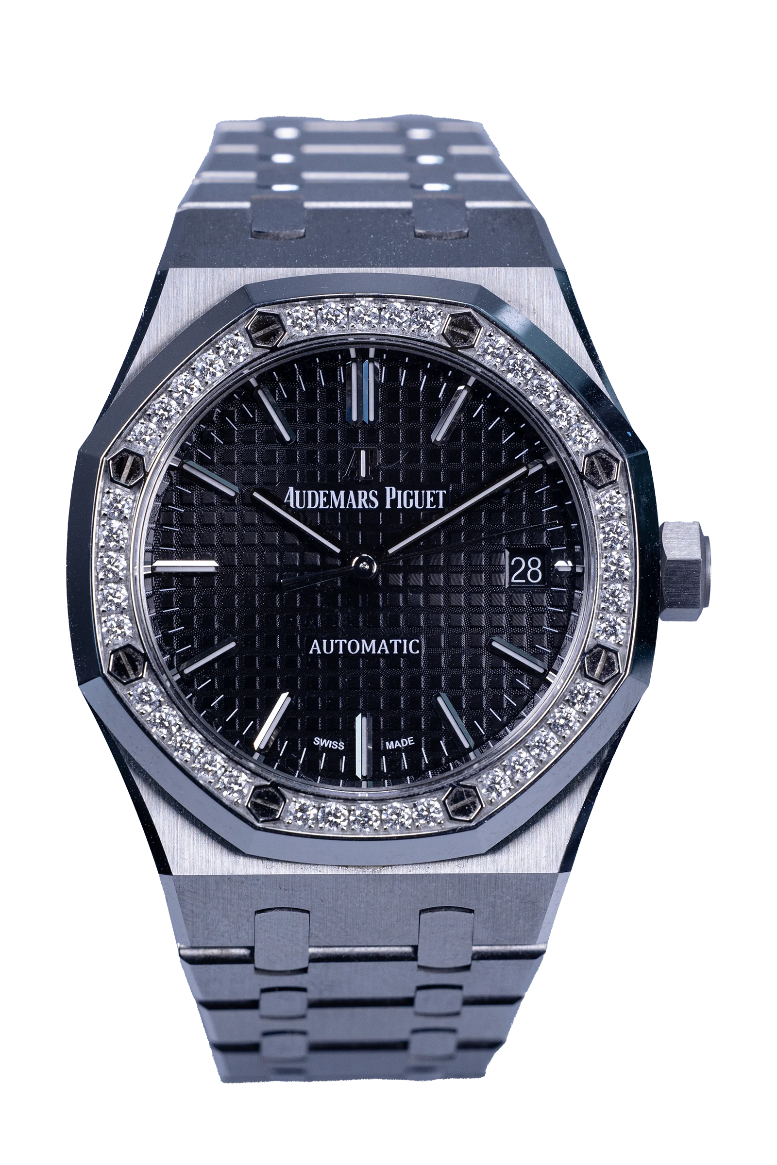 Audemars Piguet Royal Oak 15451ST.ZZ.1256ST.01 — schwarzes Zifferblatt, Stahl, Diamantlünette