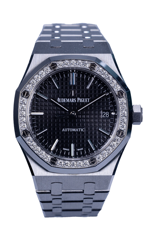 Audemars Piguet Royal Oak 15451ST.ZZ.1256ST.01 — schwarzes Zifferblatt, Stahl, Diamantlünette