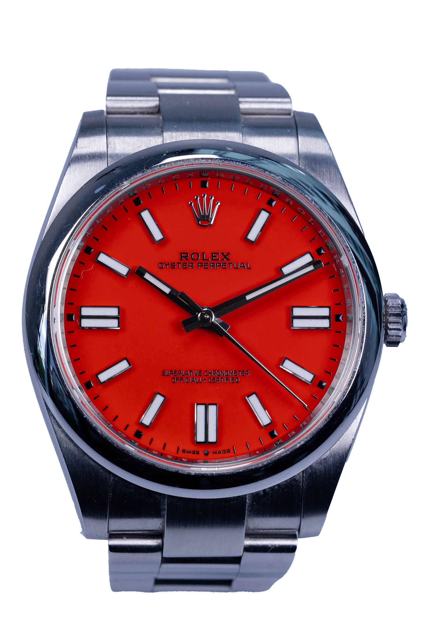 Rolex Oyster Perpetual 41 Ref. 124300 — rotes Zifferblatt, Edelstahlgehäuse