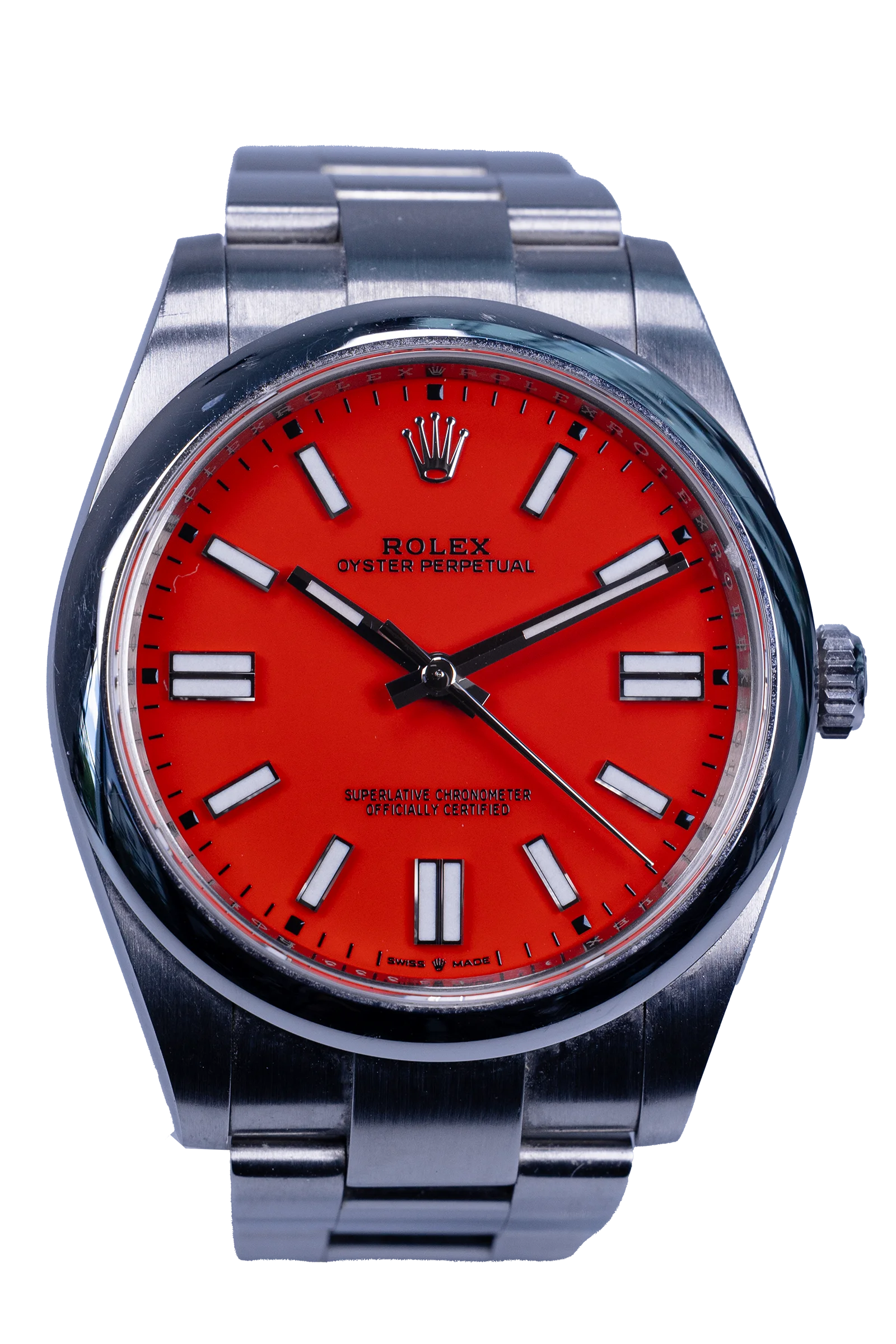 Rolex Oyster Perpetual 41 Ref. 124300 — rotes Zifferblatt, Edelstahlgehäuse