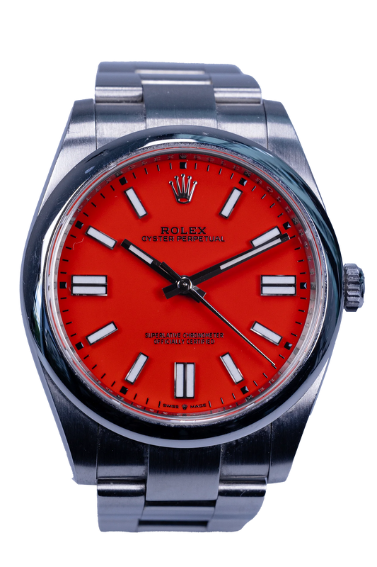 Rolex Oyster Perpetual 41 Ref. 124300 — rotes Zifferblatt, Edelstahlgehäuse Rolex Oyster Perpetual 41 Ref. 124300