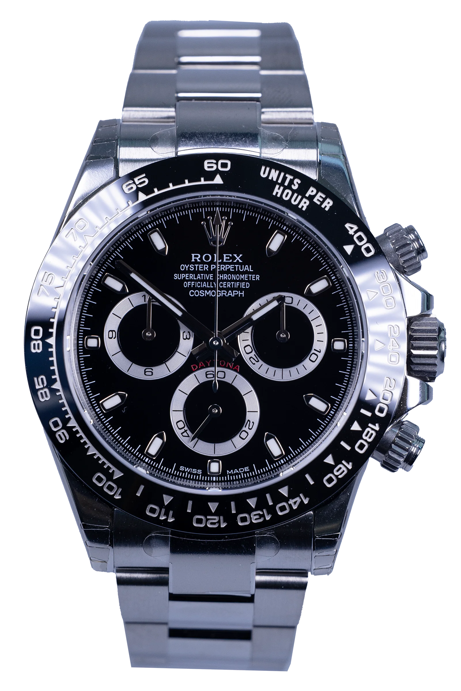 Rolex Daytona 116500LN — schwarzes Zifferblatt, Stahlgehäuse mit Keramiklünette, Oyster-Band