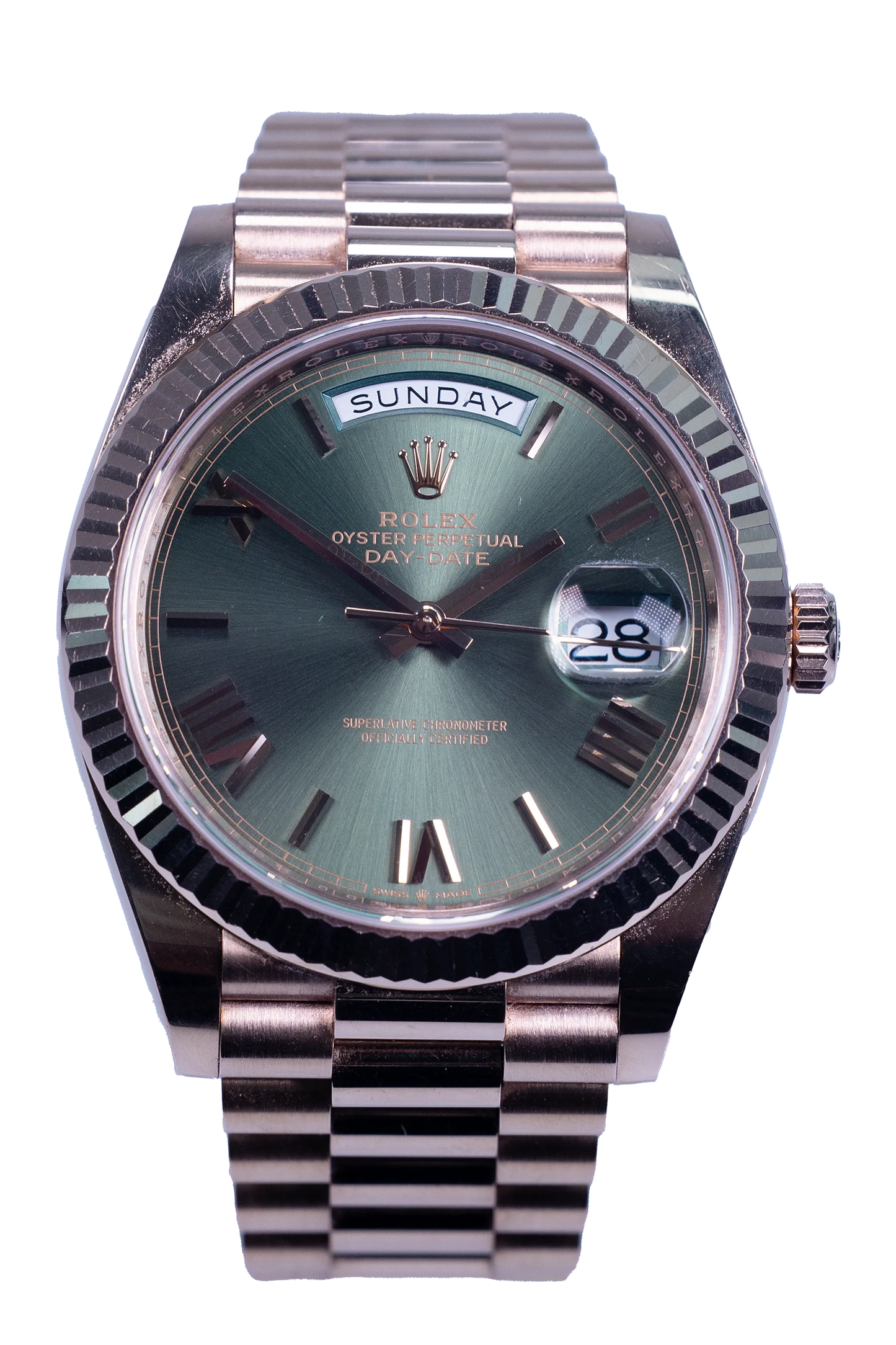 Rolex Day-Date 40 Ref. 228235 — grünes Zifferblatt, Rosegold-Gehäuse und President-Band