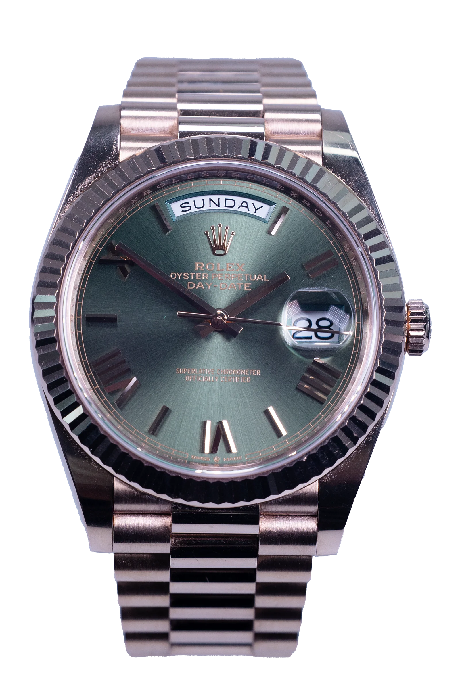 Rolex Day-Date 40 Ref. 228235 — grünes Zifferblatt, Rosegold-Gehäuse und President-Band