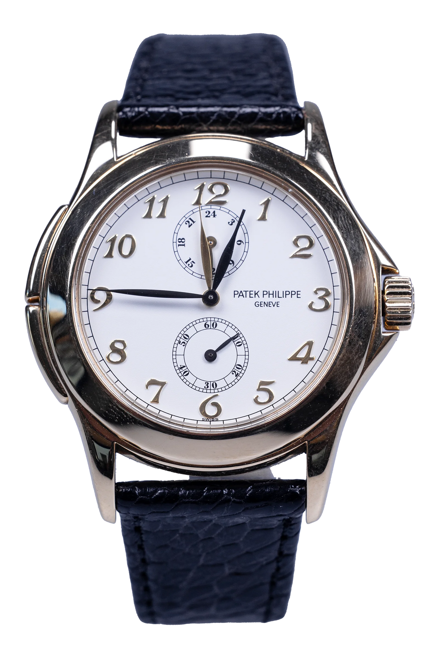 Patek Philippe Travel Time 5134J — weißes Zifferblatt, Gelbgoldgehäuse, Lederband
